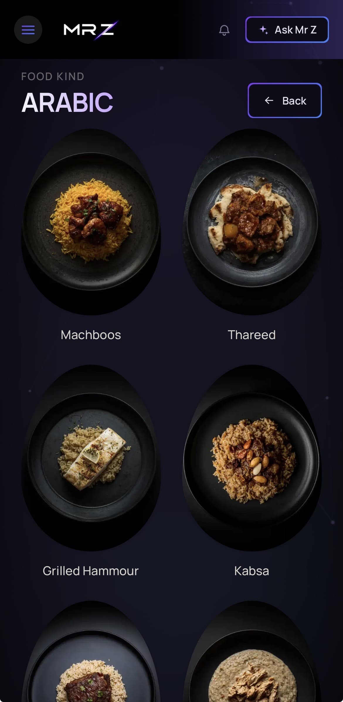 Recipes screen on a phone, showing the Arabic category's dishes
