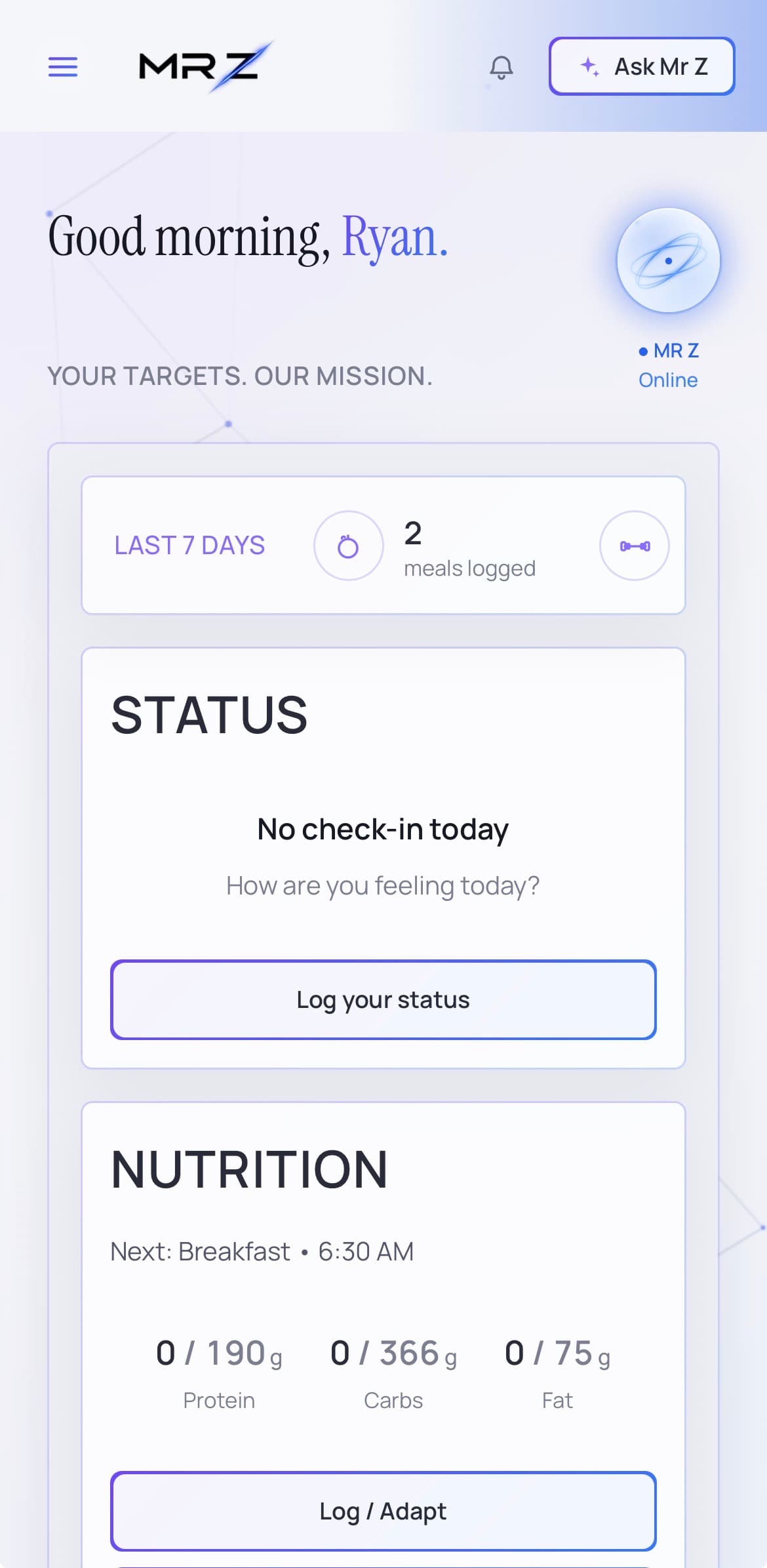 Mission Control dashboard on a phone, showing today's nutrition, next workout and priorities