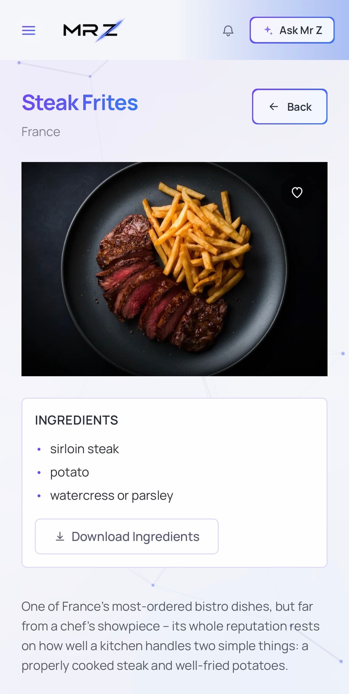 Steak Frites recipe detail on a phone, with ingredients and personalisation