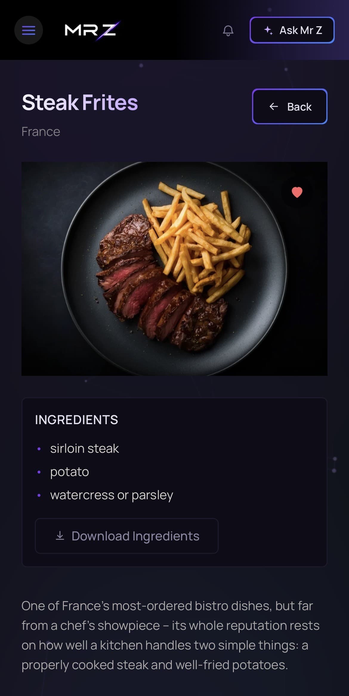 Steak Frites recipe detail on a phone, with ingredients and personalisation