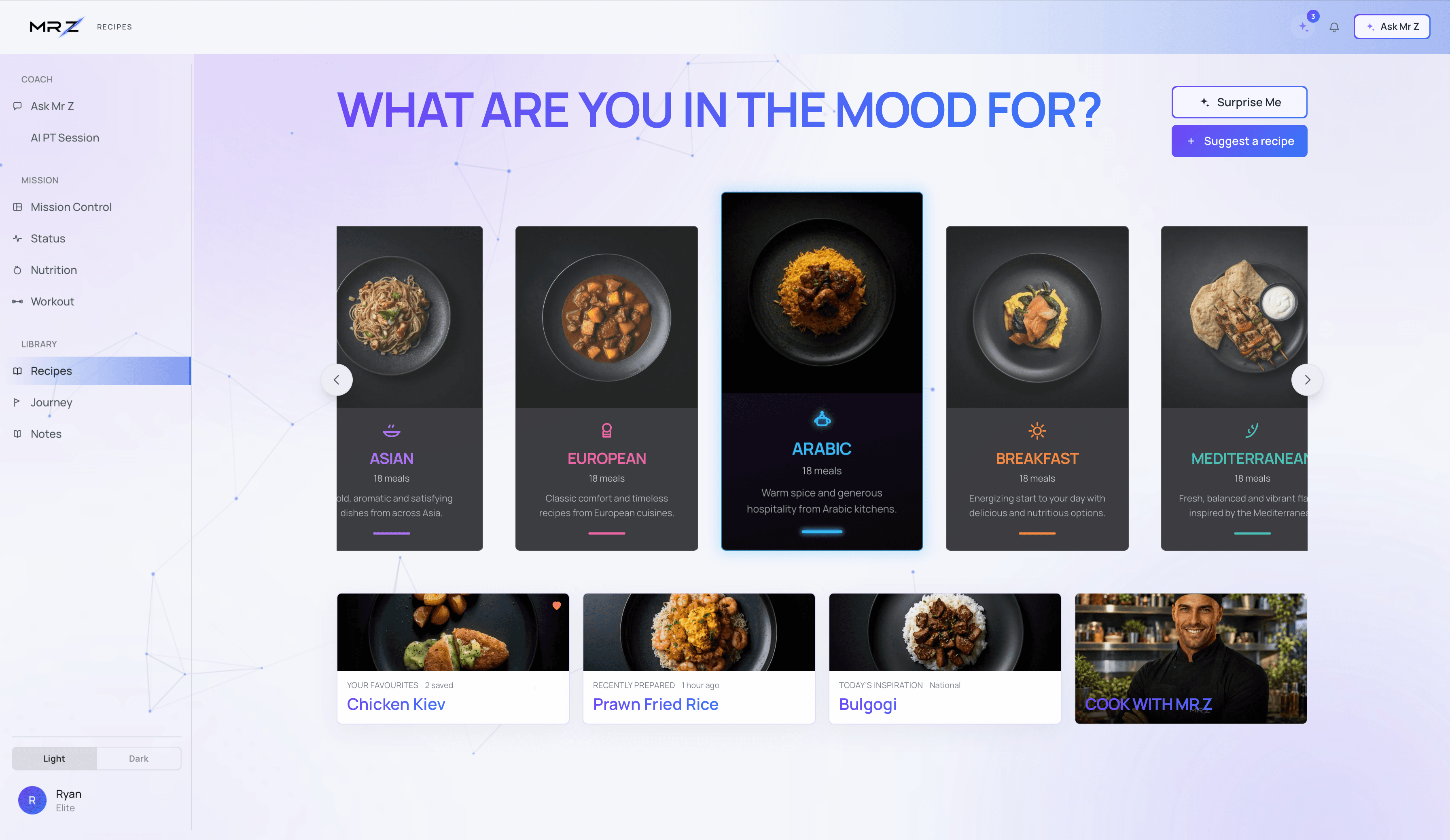 Recipes screen with cuisine categories to explore