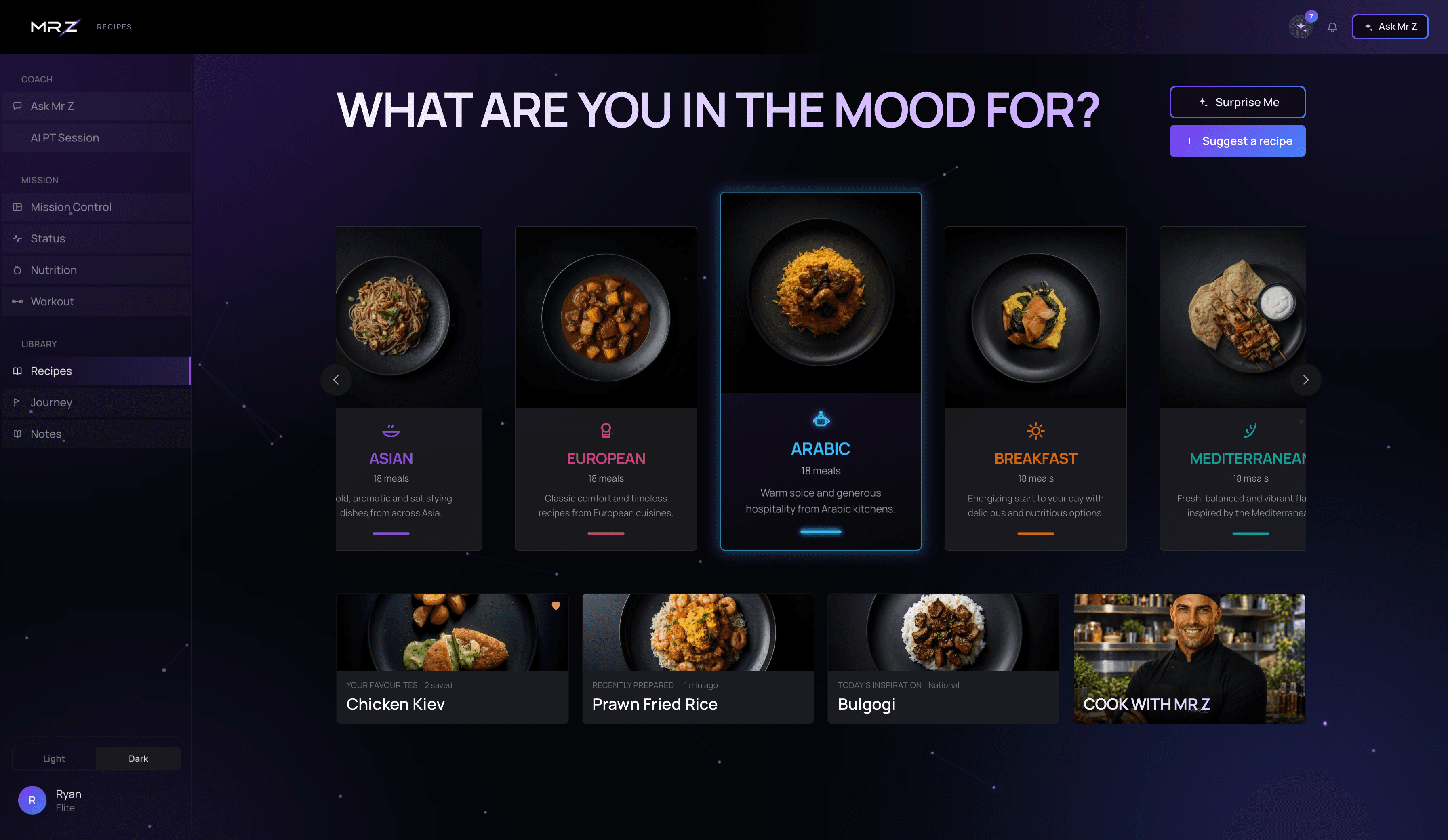 Recipes screen with cuisine categories to explore