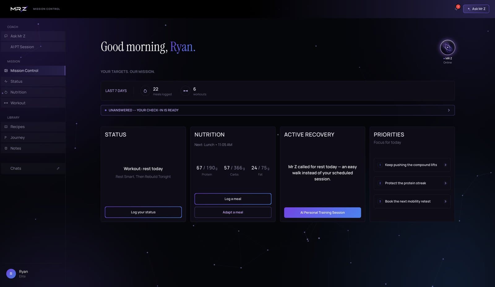 Mission Control dashboard showing today's nutrition, next workout and priorities