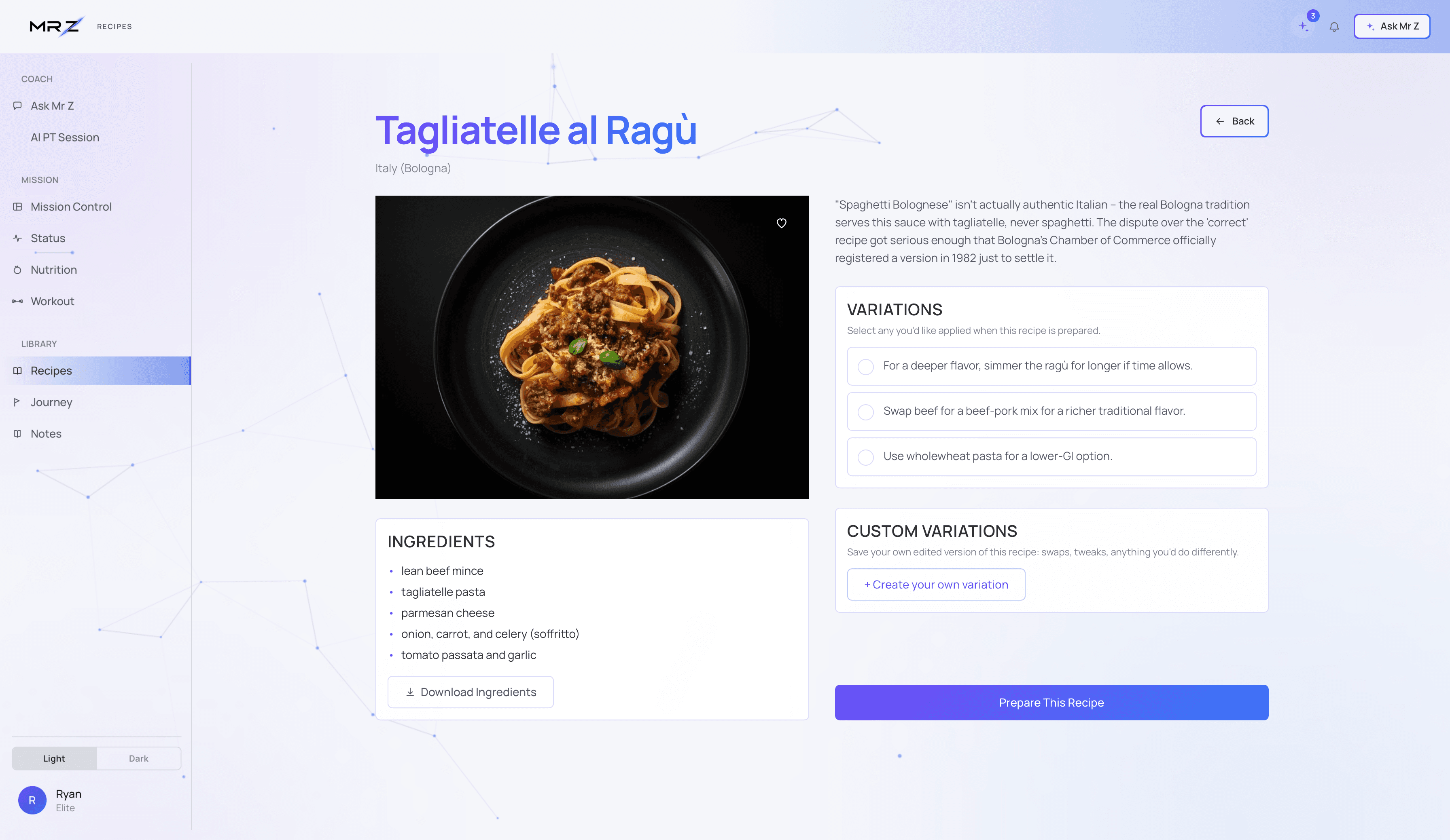 Tagliatelle al Ragù recipe detail with ingredients and variations