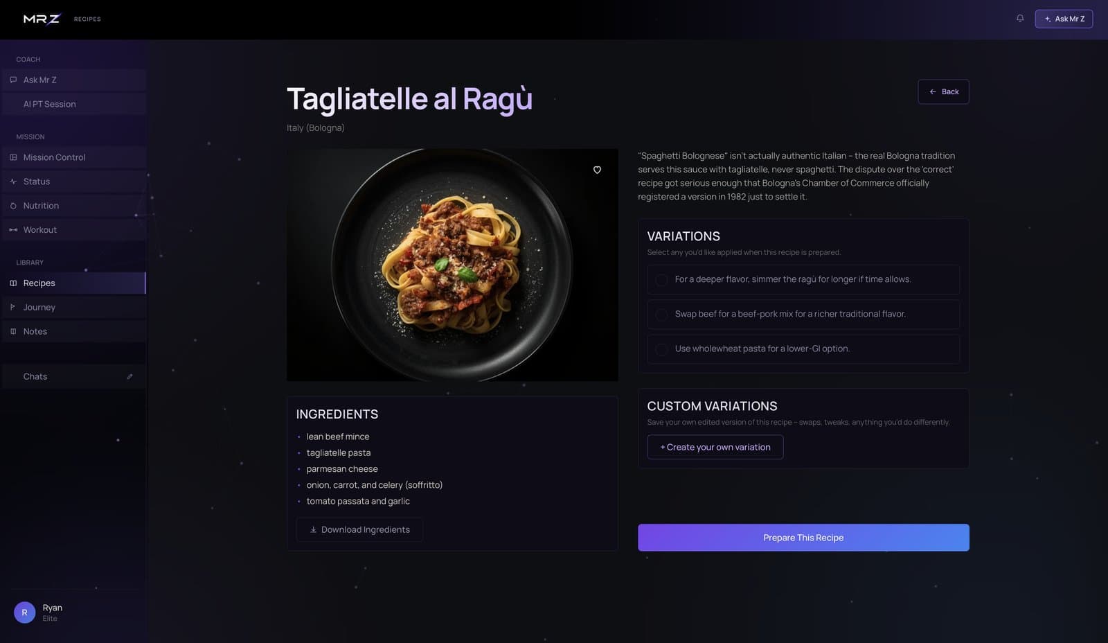 Tagliatelle al Ragù recipe detail with ingredients and variations