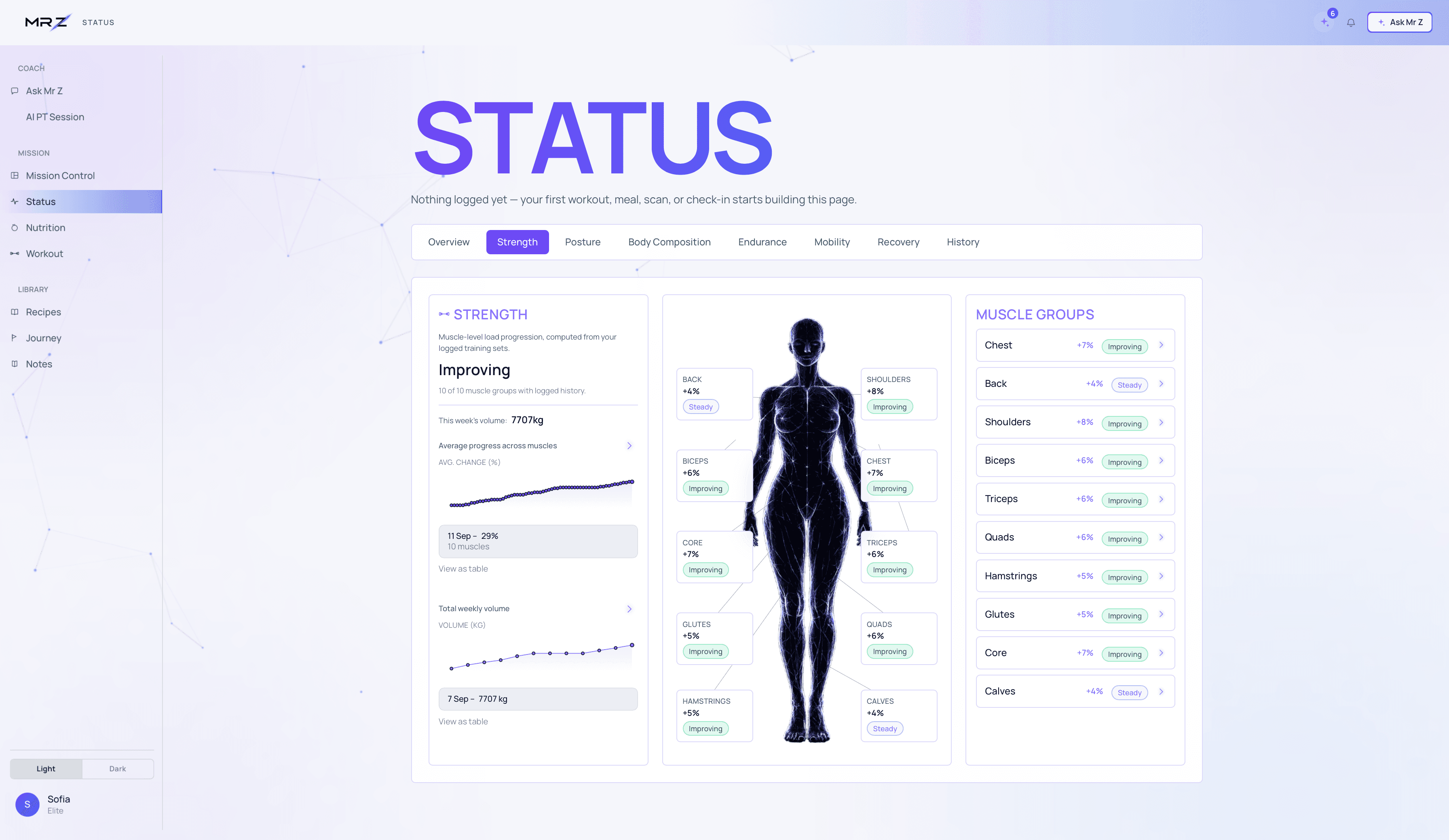 Status screen tracking strength progress by muscle group