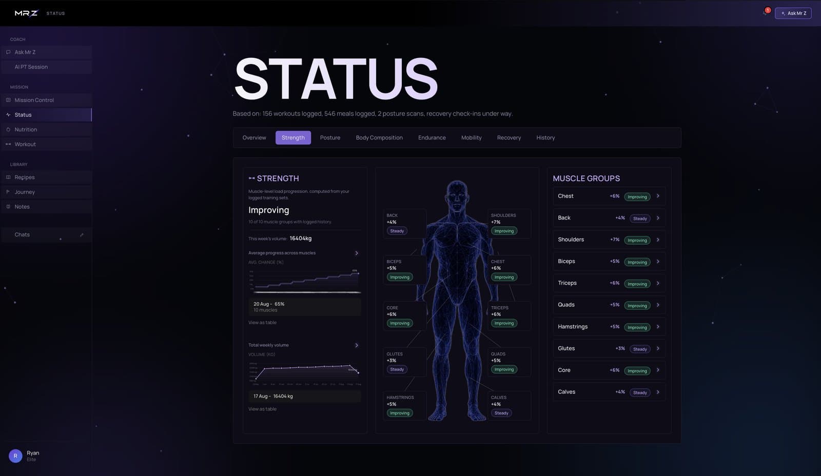 Status overview showing strength progress by muscle group on a full-body scan