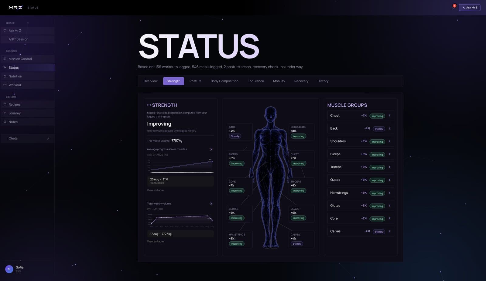 Status screen tracking strength progress by muscle group